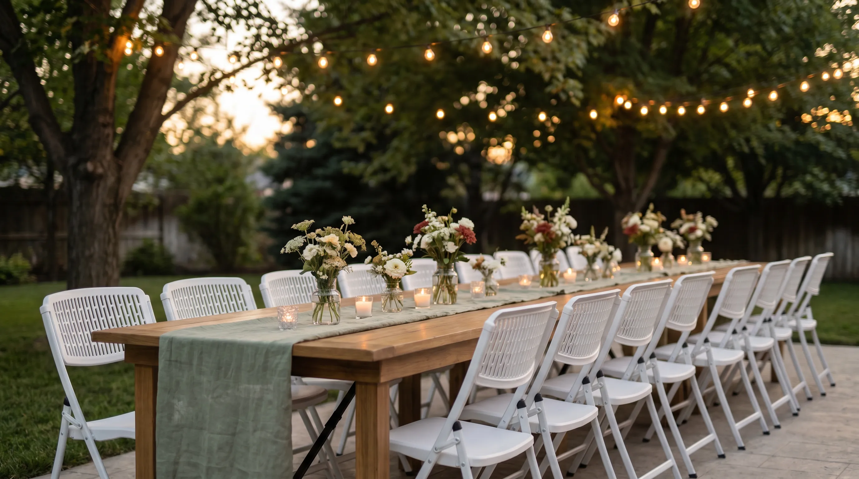 White folding chairs set for a backyard dinner at dusk, string lights overhead