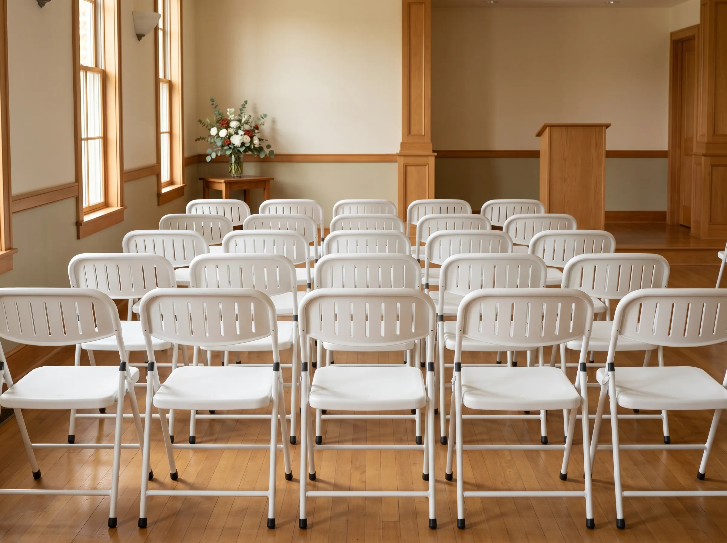 White folding chairs arranged in neat rows for a church gathering