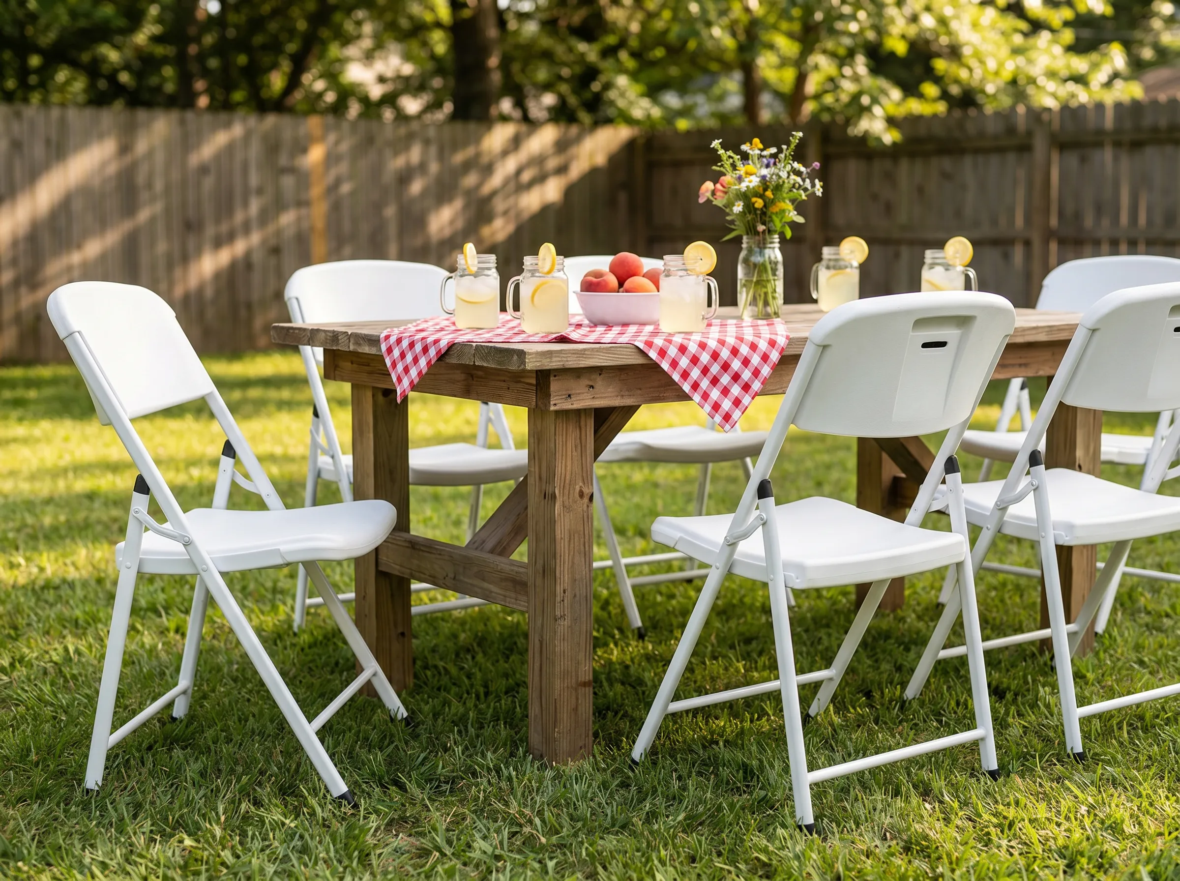 Rows of white folding chairs on a lawn, set for a backyard cookout