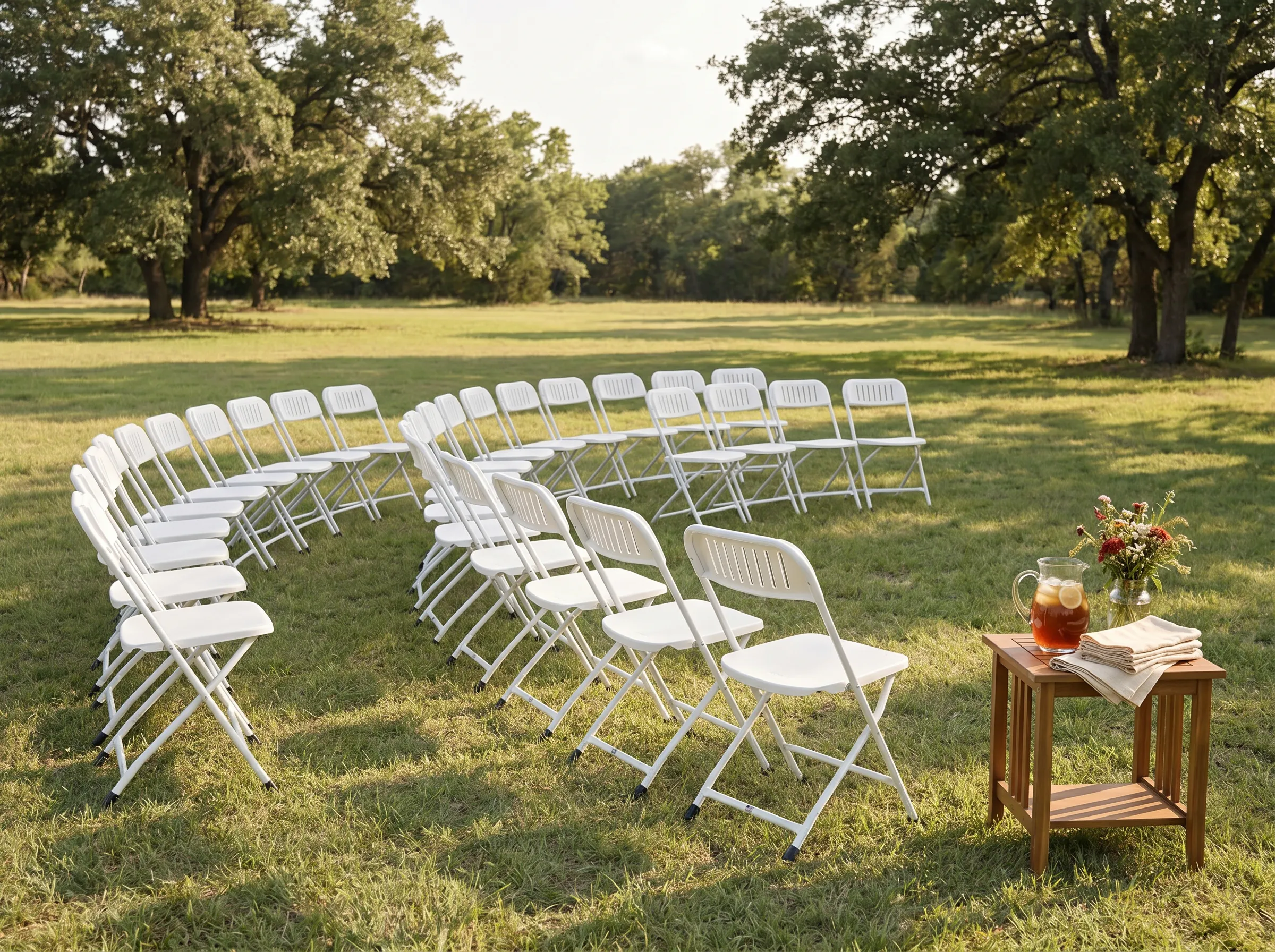 Long family-style table lined with white folding chairs under shade trees