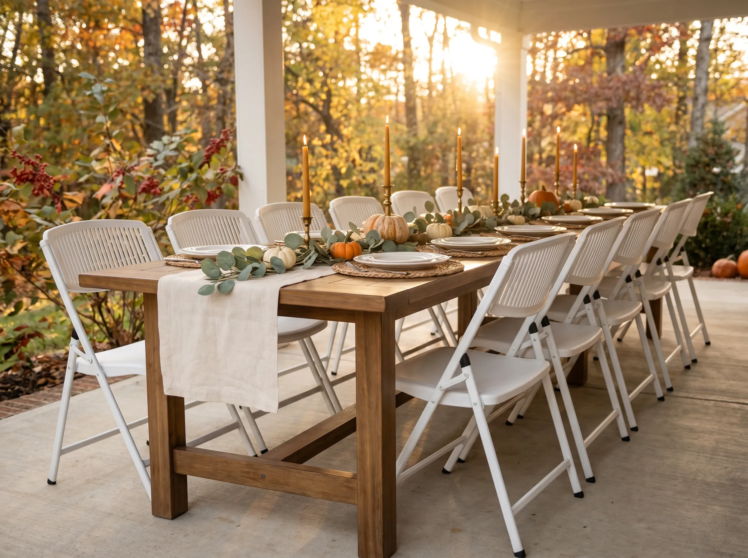 White folding chairs around a holiday table glowing with warm lights